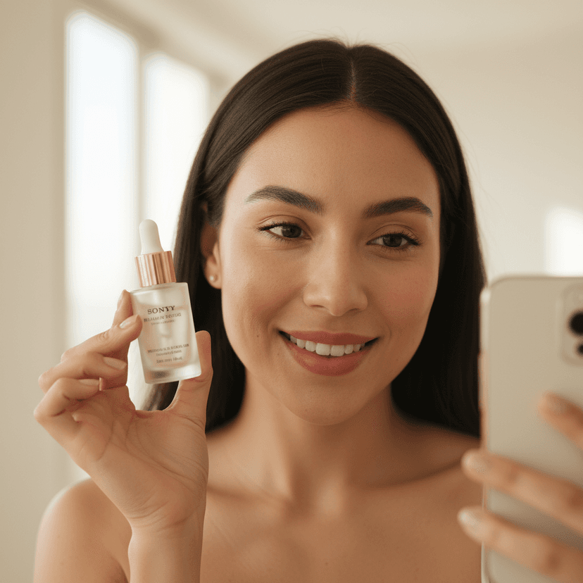 Creadora UGC grabando contenido con producto premium