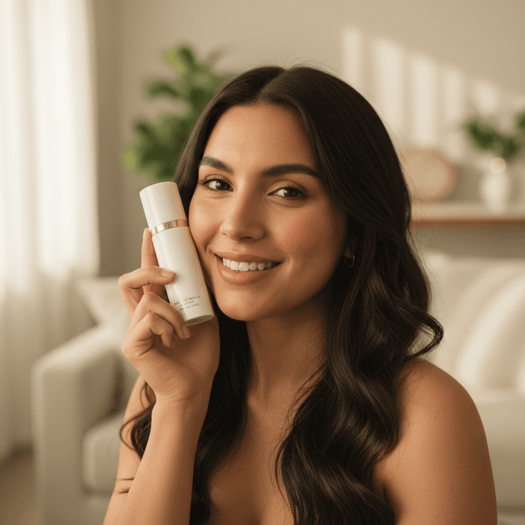 Creadora UGC grabando contenido con producto premium